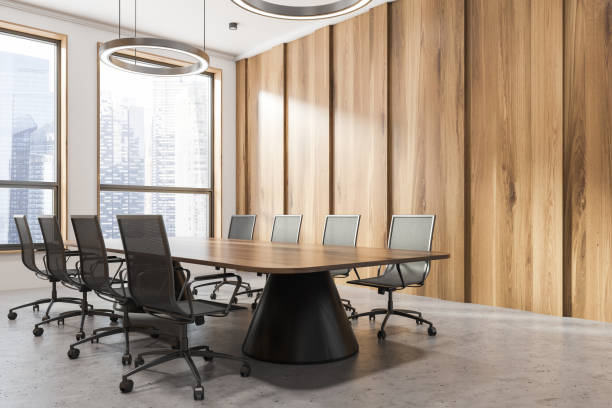 istock Dark wooden meeting room corner 1131418354
