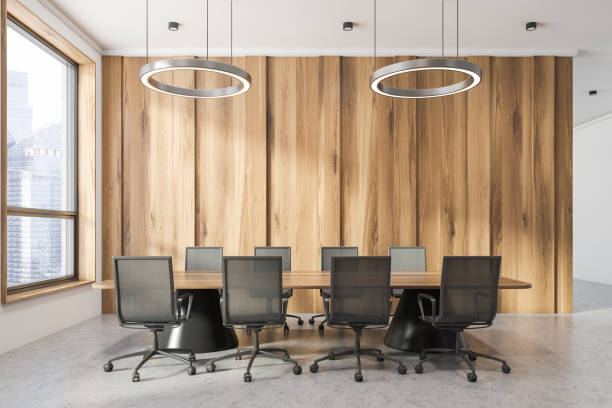istock Dark wooden meeting room, side view 1131418904