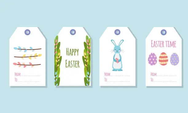 Vector illustration of Gift tags for the Easter holiday. Decorating gifts with spring elements.