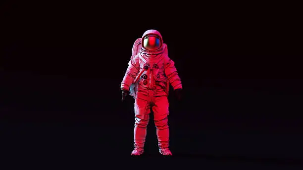 Astronaut with Gold Visor and White Spacesuit with Pink and Blue Moody 80s lighting Front 3d illustration 3d render