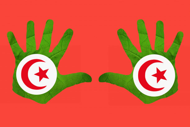 Green hand on Tunisian flag background  Product and artisanal agriculture