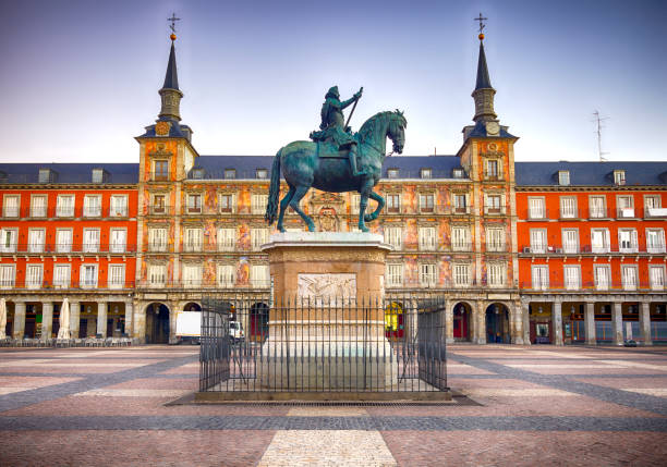 The famous Plaza Mayor in downtown Madrid, Spain.  The statue of King Philip III was created in 1616.