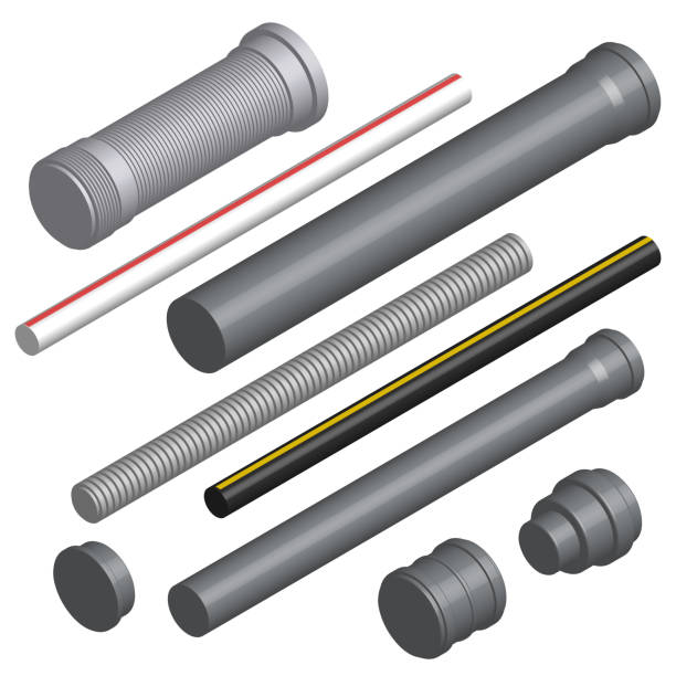 Set of 3D plastic pipes and connectors, vector illustration. Set of various plastic pipes for sewage, water pipe and connecting flanges isolated on a white background. 3D isometric style, vector illustration. water drainage vector stock illustrations