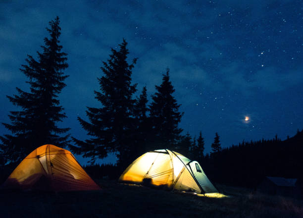 istock Camp in summer mountains, tent at the night with light inside, moon light, starry night, active tourism, hiking and traveling concept 1131428321