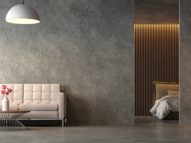 sala liveng in stile loft e camera da letto con rendering 3d in cocrete lucido - blinds apartment living room contemporary foto e immagini stock