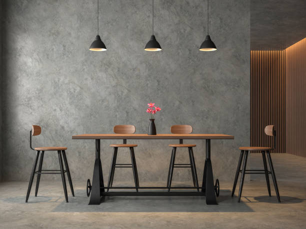 Loft style dining room with polished cocrete 3d render stock photo