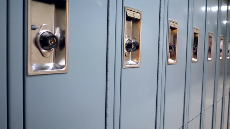 Long row of lockers in high school hallway