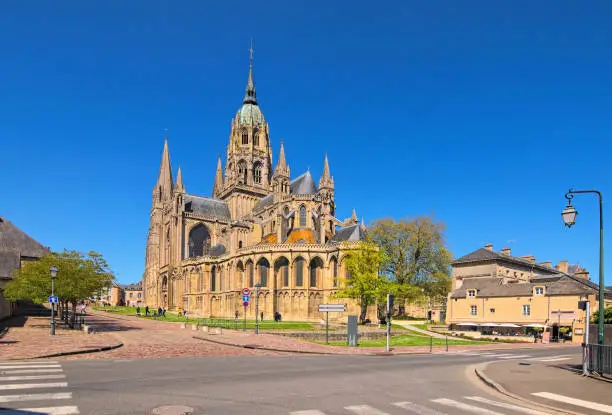 Photo of The cathedral Notre-Dame de Bayeux. Antique Norman-Romanesque cathedral is located in the  Bayeux, Calvados department of Normandy, France