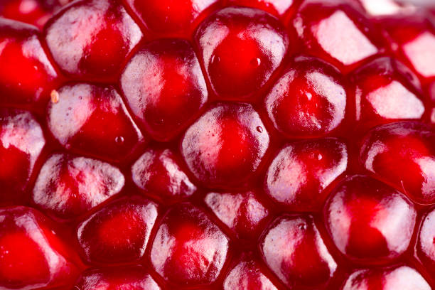 pomegranate fruit grain closeup. clearly visible grain texture and gloss. - romã imagens e fotografias de stock