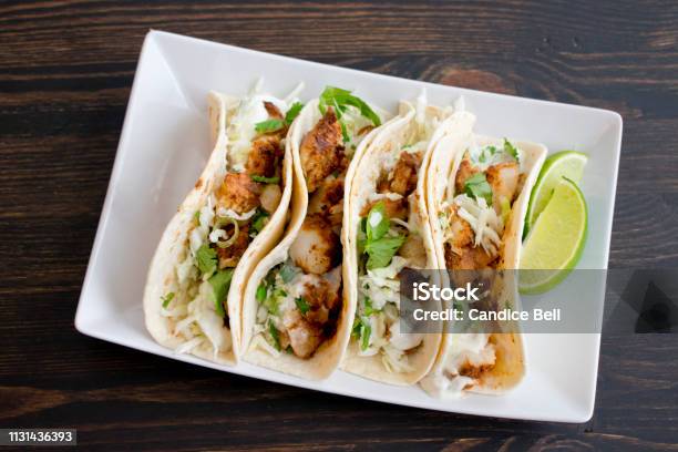 Fish Tacos With Lime Crema Stock Photo - Download Image Now - Taco, Fish, Cod