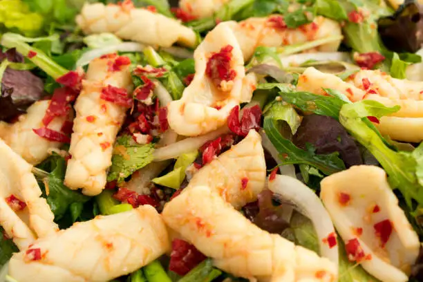 Bowl of salad topped with steamed squid and dressing