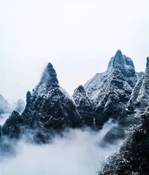 in Tianmenshan Mountain, Zhangjiajie, China, where the surrounding highway to the Mountain Top could be seen.
