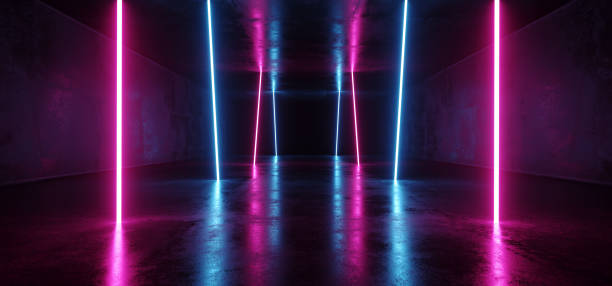 istock Neon Glowing Psychedelic Vibrant Cosmic Ultraviolet Fluorescent Luxurious Luminous Sci Fi Futuristic Retro  Vertical Lights Purple Blue Grunge Concrete Tunnel 3D Rendering 1131441790