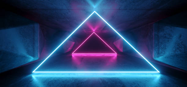 istock Neon Glowing Psychedelic Vibrant Cosmic Ultraviolet Fluorescent Luxurious Luminous Sci Fi Futuristic Retro  Triangle Lights Purple Blue Grunge Concrete Tunnel 3D Rendering 1131442191