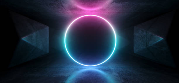 istock Neon Glowing Psychedelic Vibrant Cosmic Ultraviolet Fluorescent Luxurious Luminous Sci Fi Futuristic Retro Circle Lights Purple Blue Grunge Concrete Tunnel 3D Rendering 1131442219