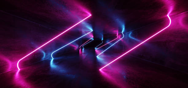 istock Neon Glowing Psychedelic Vibrant Cosmic Ultraviolet Fluorescent Luxurious Luminous Sci Fi Futuristic Retro  Line Lights Purple Blue Grunge Concrete Tunnel 3D Rendering 1131442318