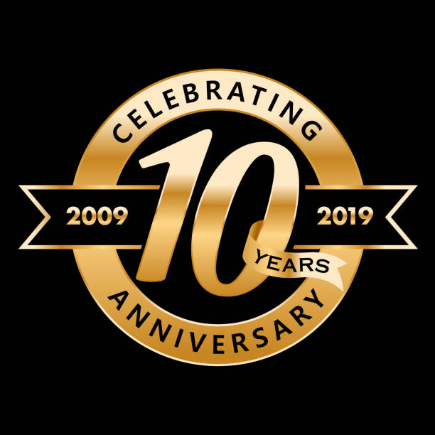 10th Anniversary Symbol 10th Anniversary Symbol with gold ribbon 10 year anniversary celebration stock illustrations