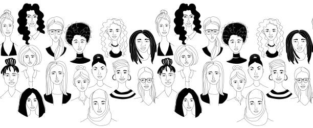 illustrations, cliparts, dessins animés et icônes de tête de femmes sans soudure fond grunge ligne dessin doodle affiche - seamless black pattern white