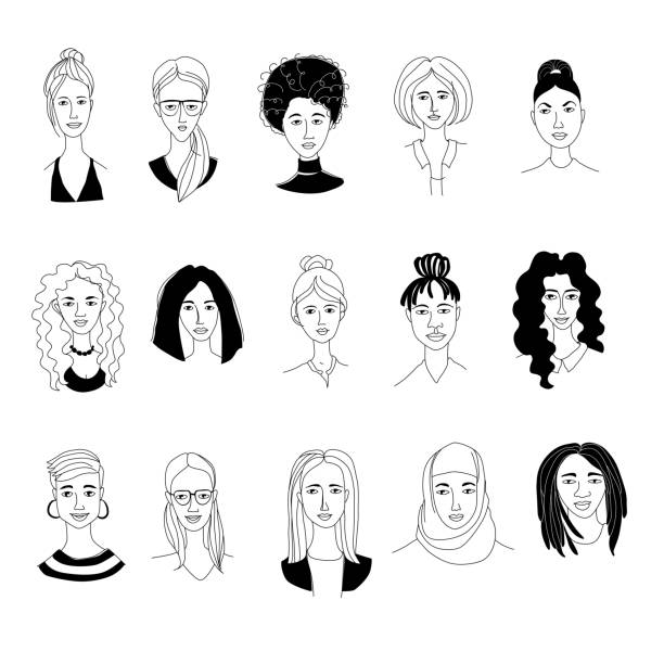 ilustraciones, imágenes clip art, dibujos animados e iconos de stock de fondo de la cabeza de las mujeres grunge línea dibujo doodle poster - derechos de la mujer ilustraciones
