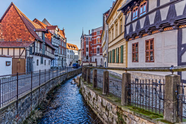 old half-timbered houses in quedlinburg and water jump, germany, Saxony-Anhalt,