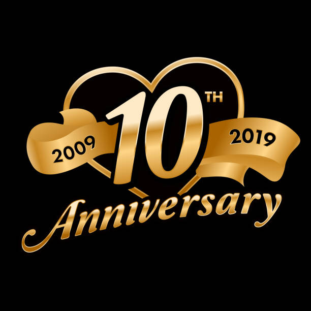 10th Anniversary Symbol 10th Anniversary symbol with gold ribbon 10 year anniversary celebration stock illustrations