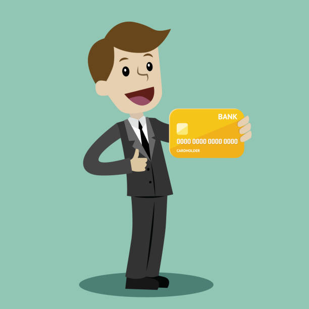 사업가는 자신의 손에 신용 카드를 보유 하 고 이익을가지고 있다. 성공적인 비즈니스. 지불 - happyman stock illustrations