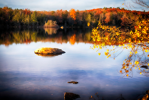 Reflections of the colorful autumn on the water at Burr Pond Torrington, Connecticut.