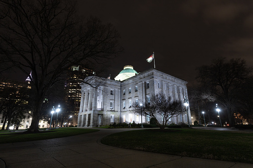 North Carolina Capitol Building in downtown Raleigh, photographed at night.