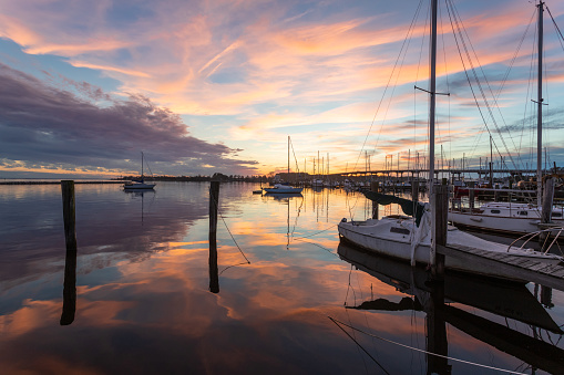 A winter sunset over the harbor and marina in Oriental, North Carolina.