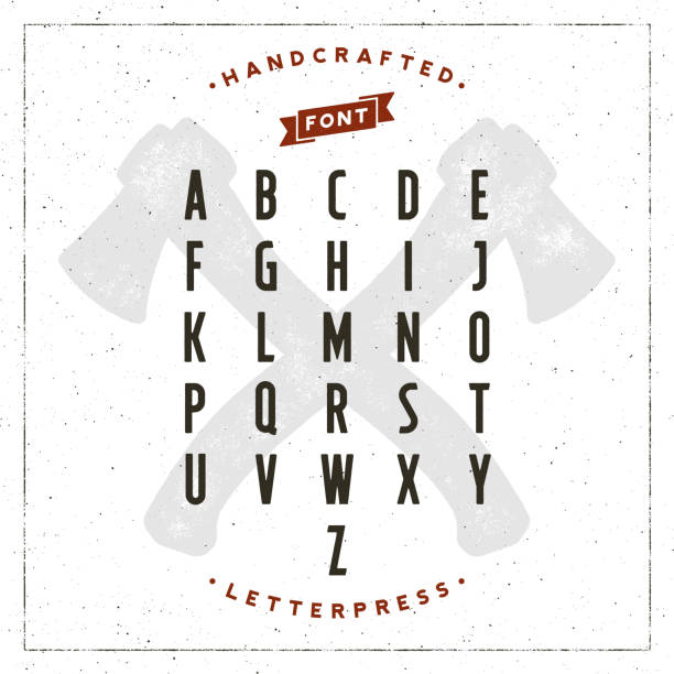 vintage retro handcrafted font with letterpress effect. vector illustration vintage retro handcrafted font with letterpress effect. grunge letters on white textured background with crossed axes. vector illustration drawing of the destroyed city stock illustrations