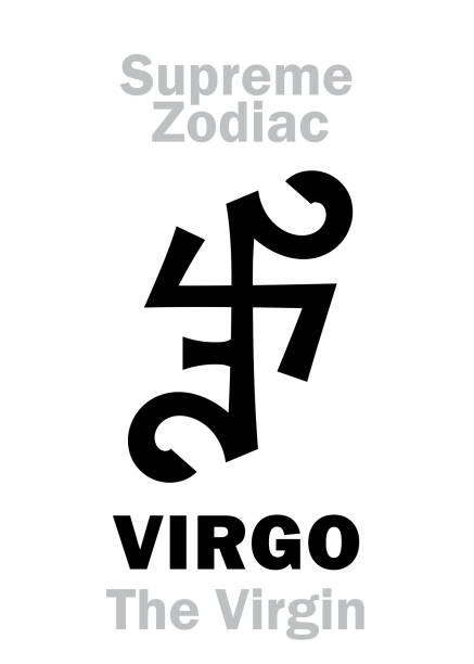 ilustraciones, imágenes clip art, dibujos animados e iconos de stock de alfabeto astrológico: virgo (la virgen/la doncella), constelación virgo. signo del zodíaco supremo (círculo interno). carácter jeroglífico (símbolo persa). - parthenos