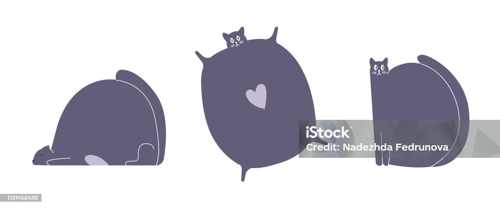 Set of three black cats in different poses. Set of three black cats in different poses: sleeping, flying, sitting. Fluffy fat cat character. Vector illustration on white background. Animal stock vector