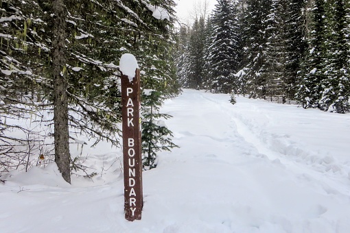 A park boundary signpost along a wintery hiking path in the snowy forests of Mount Fernie Provincial Park, British Columbia, Canada.