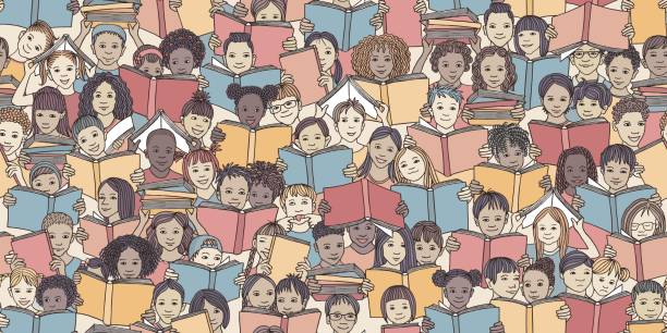 illustrations, cliparts, dessins animés et icônes de bannière transparente des enfants lisant des livres colorés - child group of people multi ethnic group classroom