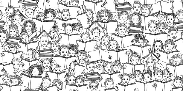 Seamless banner of children reading books vector art illustration
