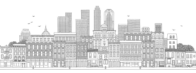 Horizontal banner with hand drawn buildings of a big city, skyline with skyscrapers, real estate background