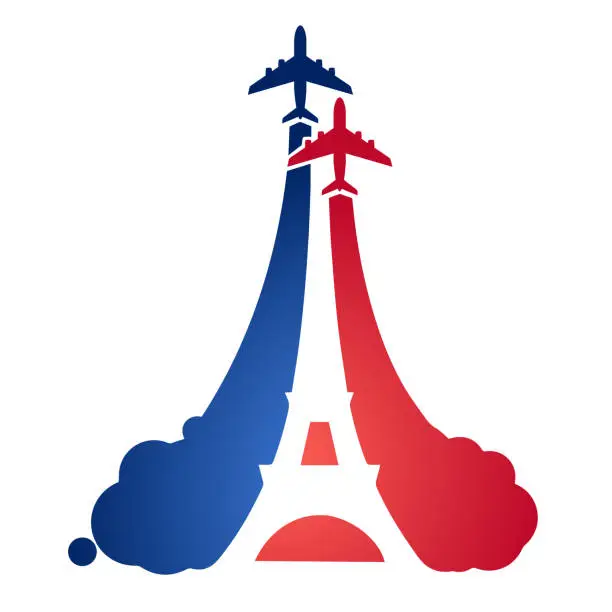 Vector illustration of as a tourist flying aircraft, with a silhouette of the Eiffel tower and the symbolism of the French flag. Symbols and air travel in France. Bastille Day.