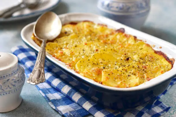 Potato celery gratin with cheese in a baking diash on a light blue slate, stone or concrete background.