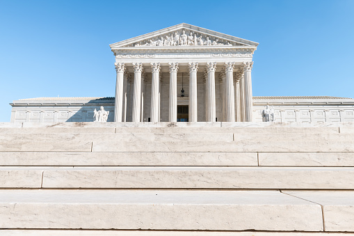 Washington DC, USA steps stairs of Supreme Court marble building architecture on Capital capitol hill with columns pillars