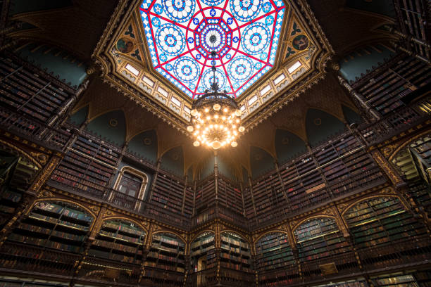 Beautiful Ceiling of Gothic-Renaissance Style Antique Library Room stock photo