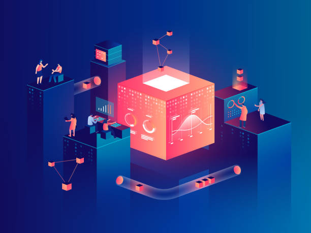 ilustrações de stock, clip art, desenhos animados e ícones de people interacting with charts and analyzing statistics. data visualization concept. 3d isometric vector illustration. - technical illustration