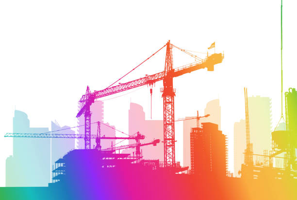Building The City Rainbow Large building development of real estate downtown of a large city concrete silhouettes stock illustrations
