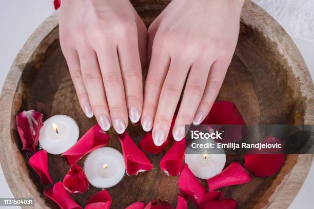 Female Hands With French Nails Polish Style And Wooden Bowl With Water And Floating Candles And Red Rose Petals Stock Photo - Download Image Now