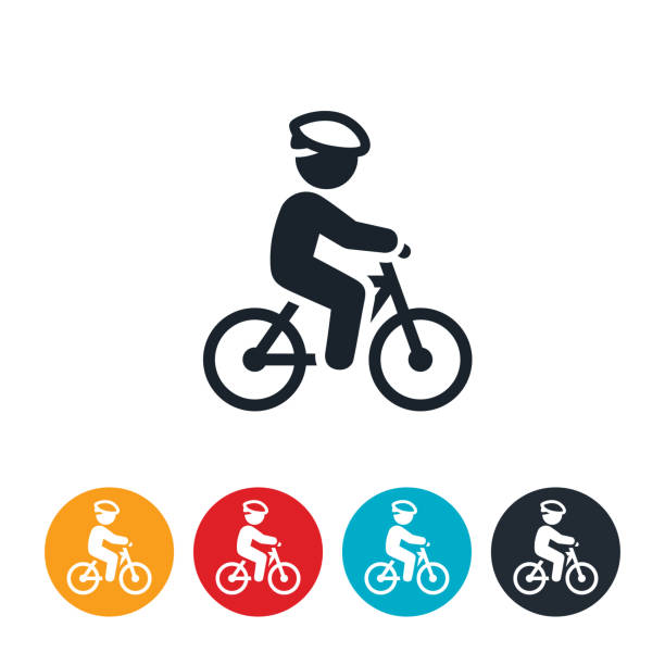 Child Riding Bicycle Icon An icon of a child riding a bicycle and wearing a helmet. bike stock illustrations