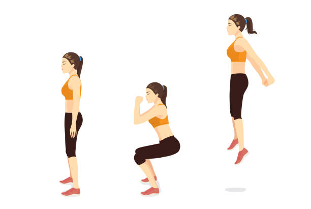 ilustraciones, imágenes clip art, dibujos animados e iconos de stock de guía de ejercicios de mujer haciendo salto en cusques en 3 pasos en la vista lateral. - agacharse ilustraciones