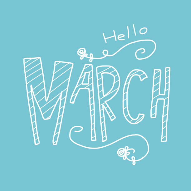 Hello march word lettering vector illustration on blue background Hello march word lettering vector illustration on blue background month of march stock illustrations