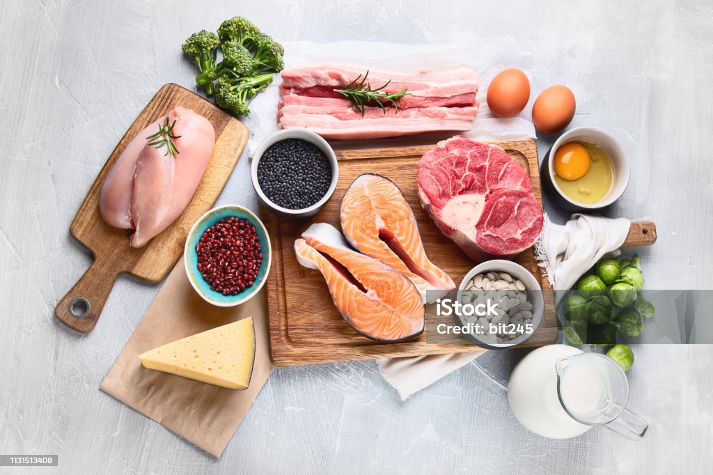 High Protein Foods High Protein Foods. Healthy eating and diet concept Ketogenic Diet Stock Photo