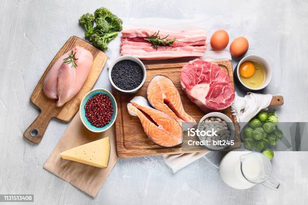 High Protein Foods Stock Photo - Download Image Now - Ketogenic Diet, Fish, Butcher