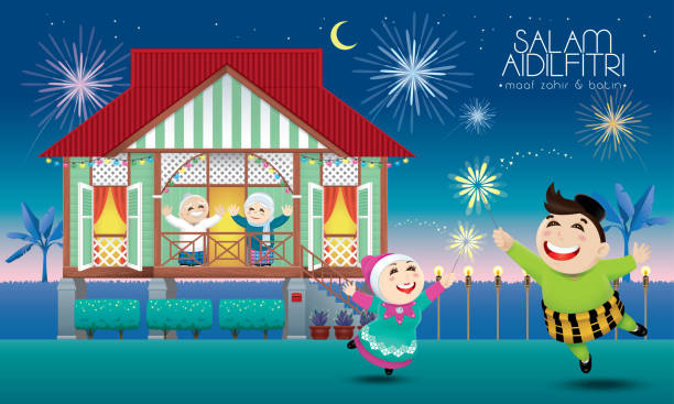 A Muslim family celebrating Raya festival in their traditional Malay style house. Caption: Happy Day. Vector. hometown stock illustrations