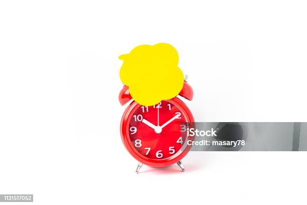 Close Up Of Speech Bubbles On Alarm Clock Stock Photo - Download Image Now - Adhesive Note, Advice, Alarm Clock